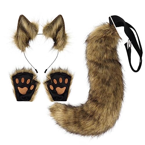 LICHENGTAI Fuchs Cosplay Set Faschingskostüm für Kinder Erwachsene, Fuchsohren Cosplay Set Fuchs Ohren Stirnband Fuchsschwanz Pfoten Handschuhe für Kinder Erwachsene Halloween Fasching Karneval Party von LICHENGTAI