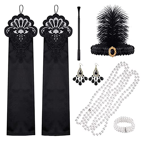 LICHENGTAI 1920s Zubehör Set Vintage Flapper Stirnband Ellbogen Handschuhe Feder Stirnband Perlen Schwarzes Kopfschmuck Lange Handschuhe Lange Abendhandschuhe 20er Jahre Accessoires von LICHENGTAI