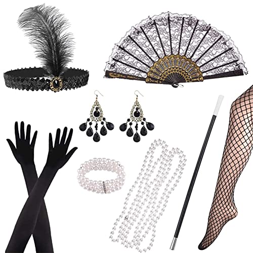 LICHENGTAI 1920s Zubehör Set Vintage Flapper Stirnband Ellbogen Handschuhe Feder Stirnband Perlen Schwarzes Kopfschmuck Lange Handschuhe Lange Abendhandschuhe 20er Jahre Accessoires von LICHENGTAI