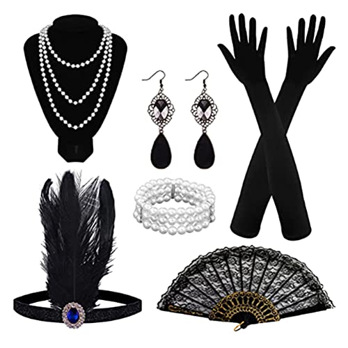 LICHENGTAI 1920s Zubehör Set Vintage Flapper Stirnband Ellbogen Handschuhe Feder Stirnband Perlen Schwarzes Kopfschmuck Lange Handschuhe Lange Abendhandschuhe 20er Jahre Accessoires von LICHENGTAI