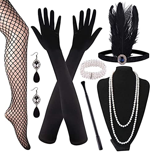 LICHENGTAI 1920s Zubehör Set Vintage Flapper Stirnband Ellbogen Handschuhe Feder Stirnband Perlen Schwarzes Kopfschmuck Lange Handschuhe Lange Abendhandschuhe 20er Jahre Accessoires von LICHENGTAI