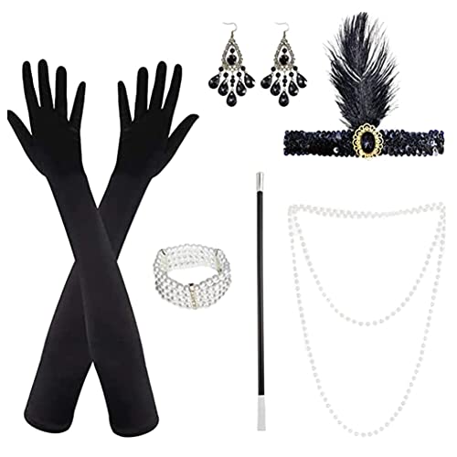 LICHENGTAI 1920s Zubehör Set Vintage Flapper Stirnband Ellbogen Handschuhe Feder Stirnband Perlen Schwarzes Kopfschmuck Lange Handschuhe Lange Abendhandschuhe 20er Jahre Accessoires von LICHENGTAI