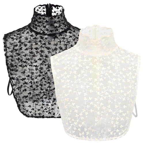 LICHENGTAI 2 Stück Damen Kragen Krageneinsatz Spitze Rollkragen Fake Collar Weiß Schwarz Halb Hemd Bluse Kragen Blusenkragen Einsatz Hemdkragen Einsatz für Frauen von LICHENGTAI