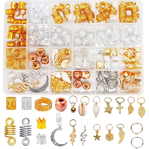 LICHENGTAI 241 Stück Schmuck Haarspiralen Clips Haar Geflecht Ringe, Gold Silber Haarschmuck für Mädchen Zöpfe Eisen Dreadlock-Perlen Zopf Zubehör Metall Haar Manschetten für Zöpfe für Männer Frauen von LICHENGTAI