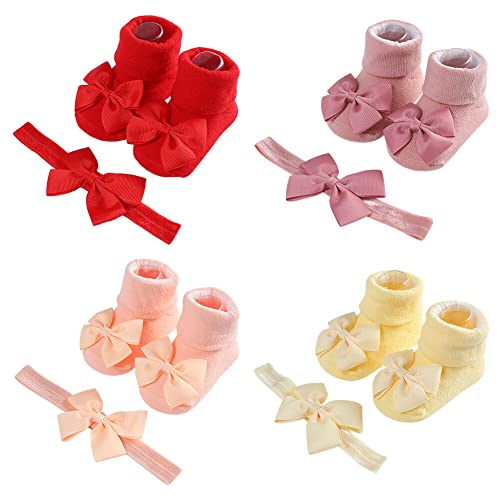 LICHENGTAI 4 Paar Baby Haarband mit Socken, Neugeborenes Stirnband Kinder Socken Shoes Weiche Haarband Kopfbedeckung Babyschuhe Fotografie Geschenke für Baby Mädchen Taufe Hochzeit Party von LICHENGTAI