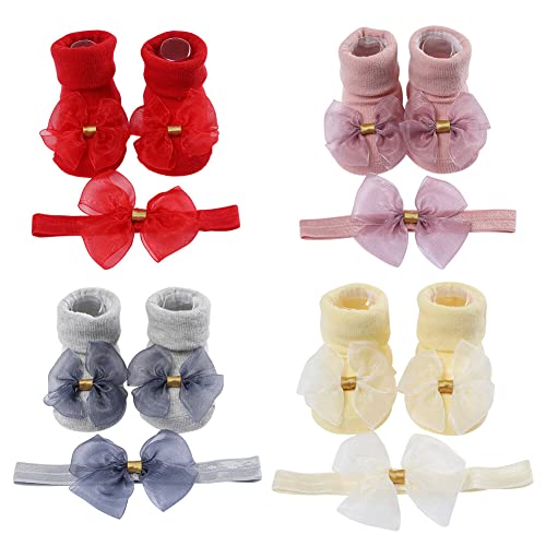 LICHENGTAI 4 Paar Baby Haarband mit Socken, Neugeborenes Stirnband Kinder Socken Shoes Weiche Haarband Kopfbedeckung Babyschuhe Fotografie Geschenke für Baby Mädchen Taufe Hochzeit Party von LICHENGTAI