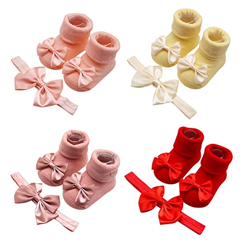 LICHENGTAI 4 Paar Baby Haarband mit Socken, Neugeborenes Stirnband Kinder Socken Shoes Weiche Haarband Kopfbedeckung Babyschuhe Fotografie Geschenke für Baby Mädchen Taufe Hochzeit Party von LICHENGTAI