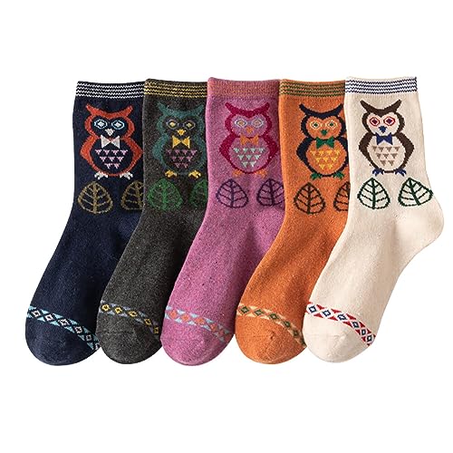 LICHENGTAI 5 Paar Thermosocken Damen Wandersocken Warme und Dicke WollSocken Cartoon Eule Muster Wintersocken Atmungsaktiv Sportsocken Weihnachtssocken Geschenke für Frauen Mädchen 35-40 von LICHENGTAI