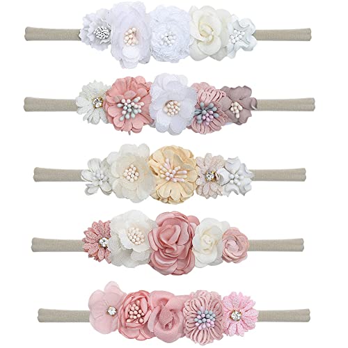 LICHENGTAI 5 Stück Baby Mädchen Stirnbänder Blume Nylon Stirnband Baby Turban Stirnband Elastisches Kopftuch Haarband Haarschmuck für Neugeborene Säuglinge Kleinkinder von LICHENGTAI