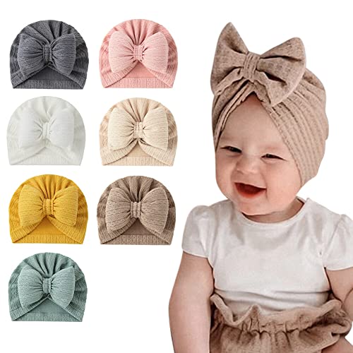 LICHENGTAI 7 Stück Baby Turban Hüte Neugeborenes Baumwolle Mütze Niedlichen Bogen Baumwolle Beanie Hut Unisex Kleinkind Turban Hut Babymütze Stirnband für Mädchen Jungen 0-18 Monate von LICHENGTAI