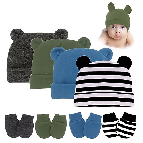 LICHENGTAI Babymütze und Fäustlinge Set, 4 Mützen und 4 Paar Fäustlinge Baumwolle Neugeborenes Baby Mütze Bärenohren Beanie Hut für Kleinkind Jungen Mädchen 0-12 Monate von LICHENGTAI