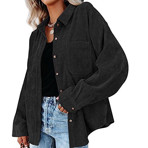 LICHENGTAI Cordjacke Damen Jacke Vintage Strickjacke Herbst Winter Button Down Cordhemd Oversize Locker Lässig Teenager Mädchen Windbreaker Frauen Casual Langarm Knopf Outwear Mantel mit Tasche von LICHENGTAI