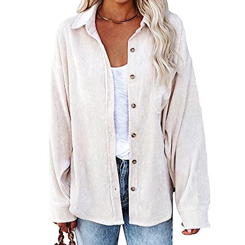 LICHENGTAI Cordjacke Damen Jacke Vintage Strickjacke Herbst Winter Button Down Cordhemd Oversize Locker Lässig Teenager Mädchen Windbreaker Frauen Casual Langarm Knopf Outwear Mantel mit Tasche von LICHENGTAI