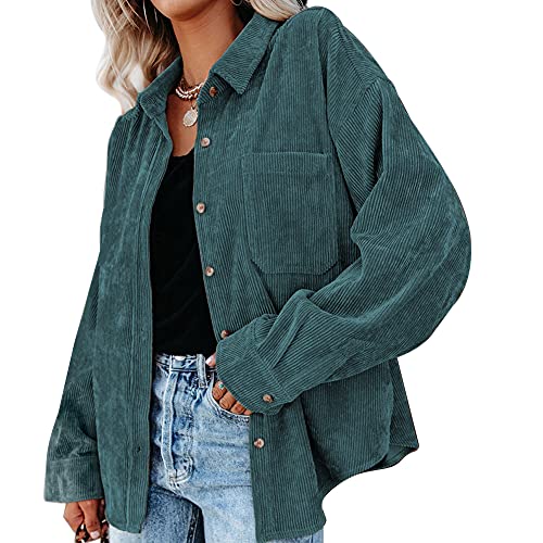 LICHENGTAI Cordjacke Damen Jacke Vintage Strickjacke Herbst Winter Button Down Cordhemd Oversize Locker Lässig Teenager Mädchen Windbreaker Frauen Casual Langarm Knopf Outwear Mantel mit Tasche von LICHENGTAI