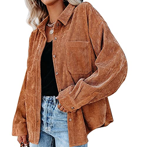 LICHENGTAI Cordjacke Damen Jacke Vintage Strickjacke Herbst Winter Button Down Cordhemd Oversize Locker Lässig Teenager Mädchen Windbreaker Frauen Casual Langarm Knopf Outwear Mantel mit Tasche von LICHENGTAI