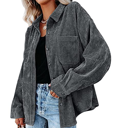 LICHENGTAI Cordjacke Damen Jacke Vintage Strickjacke Herbst Winter Button Down Cordhemd Oversize Locker Lässig Teenager Mädchen Windbreaker Frauen Casual Langarm Knopf Outwear Mantel mit Tasche von LICHENGTAI