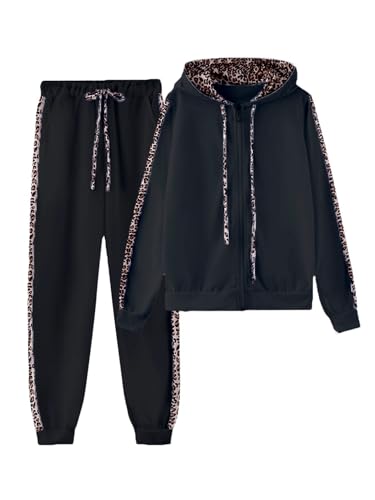 LICHENGTAI Damen Gymnastik Set Fall Leopard Trainingsanzug Langarm Reißverschluss Hoodie Hose Bequemes lässiges Set mit langärmligen Hosen von LICHENGTAI