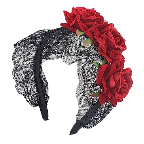 LICHENGTAI Damen Halloween Stirnband Rose Blumen Stirnbänder Gothic Haarband Tag der Toten Krone Haarreifen für Frauen Halloween Party Cosplay Kostüm Kopfschmuck Maskerade Dekoration Requisite von LICHENGTAI