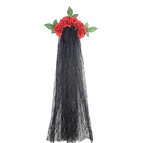 LICHENGTAI Damen Tag der Toten Haarschmuck mit Rosen und Schleier, Brautschleier Schwarz Kopfschmuck Halloween Blumenform Haarband Gothic Hexen Kostüm Accessoires für Halloween Karneval Fasching Party von LICHENGTAI