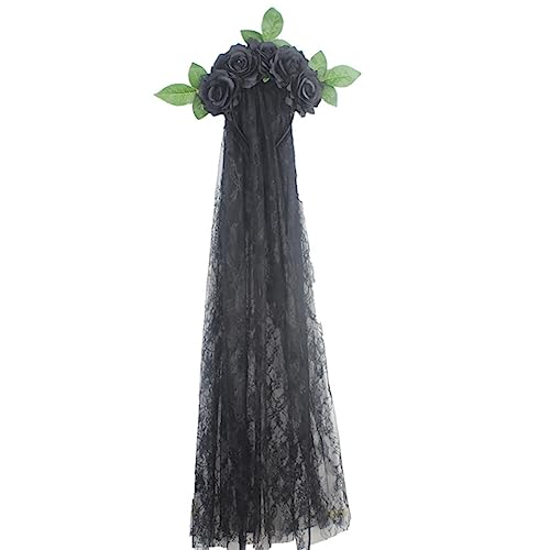 LICHENGTAI Damen Tag der Toten Haarschmuck mit Rosen und Schleier, Brautschleier Schwarz Kopfschmuck Halloween Blumenform Haarband Gothic Hexen Kostüm Accessoires für Halloween Karneval Fasching Party von LICHENGTAI