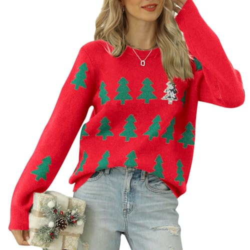 LICHENGTAI Damen Weihnachten Pullover Sweatshirt Weihnachtsbaum Weihnachtspulli Modern Sweater Langarm Rundhalsausschnitt Pullover Strickwaren Xmas Party Style Langarmshirt Pulli von LICHENGTAI