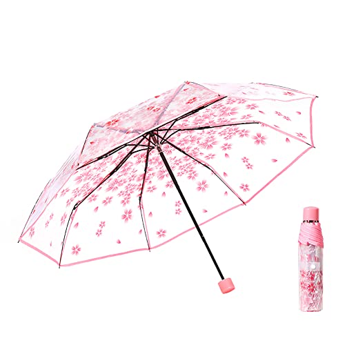 LICHENGTAI Durchsichtiger Regenschirm Damen Taschenschirme Schirm Kirschblüte Stockschirm Sonnenschirm Klappschirme Transparent Sturmfest Schirm Regenschirm Klar für Mädchen Jungen Studenten Frauen von LICHENGTAI