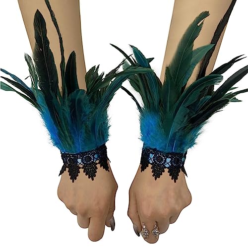 LICHENGTAI Feder Manschetten Damen Schwarz Feder Spitze Lange Handschuhe Gothic Feder Armbänder für Halloween Party Kostüm Rollenspiel Game Party von LICHENGTAI