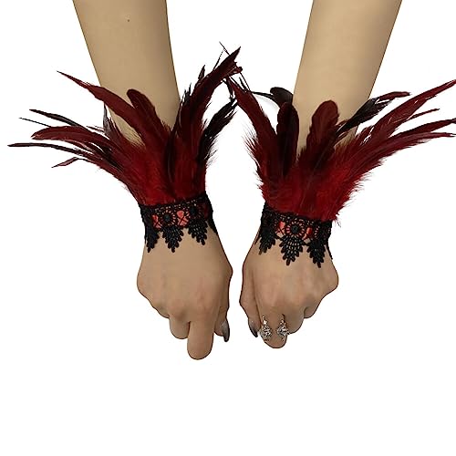 LICHENGTAI Feder Manschetten Damen Schwarz Feder Spitze Lange Handschuhe Gothic Feder Armbänder für Halloween Party Kostüm Rollenspiel Game Party von LICHENGTAI