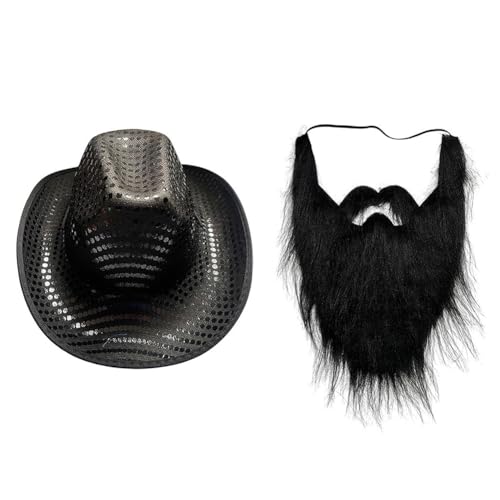LICHENGTAI Gefälschte Schnurrbärte und Hut, Zylinder und Schnurrhaare mit Pailletten Männer Simulierter Gesichtsbart für Weihnachts Halloween Aufführungen Maskerade von LICHENGTAI