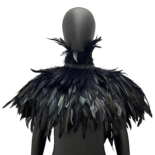 LICHENGTAI Gothic Feder Achselzucken Schalkragen Halskette Halloween Kostüm Epauletten, Umhang Schwarz Kostüm Damen Feder Umhang Cape Federboa Feder Schal Gothic für Cosplay Party Verkleidung von LICHENGTAI