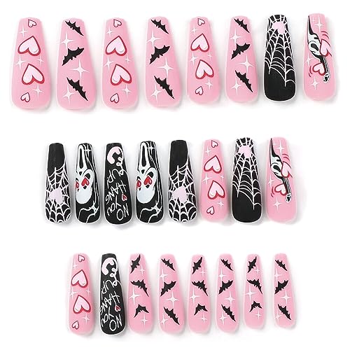 LICHENGTAI Halloween Falsche Nägel, 24 Stück Halloween Kunstnägel Acryl Full Cover Schädel Kürbis Nails Stiletto Gefälschte Kurze Fingernägel Drücken mit Nagelkleber für Frauen Mädchen Salon Zuhause von LICHENGTAI