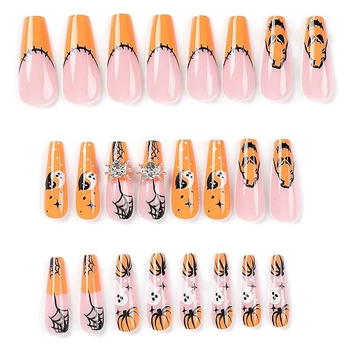 LICHENGTAI Halloween Falsche Nägel, 24 Stück Halloween Kunstnägel Acryl Full Cover Schädel Kürbis Nails Stiletto Gefälschte Kurze Fingernägel Drücken mit Nagelkleber für Frauen Mädchen Salon Zuhause von LICHENGTAI