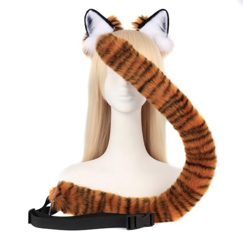LICHENGTAI Halloween Faschingskostüm Set, Faux Furry Tigerohren Tiger Schwanz Kostüm Handgefertigtes Ohren Haarspange Tier Dress Up Zubehör für Kinder Erwachsene Fasching Karneval Masquerade Cosplay von LICHENGTAI