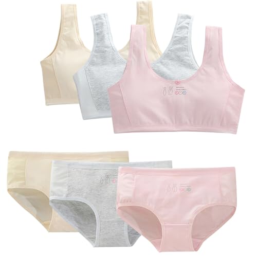 LICHENGTAI Mädchen Sport BHS und Unterhosen Set Weiche Baumwolle Kinder Bustier Unterwäsche Schlüpfer Trainings-BHS für 8-16 Jahre Kinder Teenager, 6 Stück von LICHENGTAI