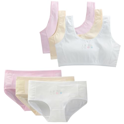 LICHENGTAI Mädchen Sport BHS und Unterhosen Set Weiche Baumwolle Kinder Bustier Unterwäsche Schlüpfer Trainings-BHS für 8-16 Jahre Kinder Teenager, 6 Stück von LICHENGTAI