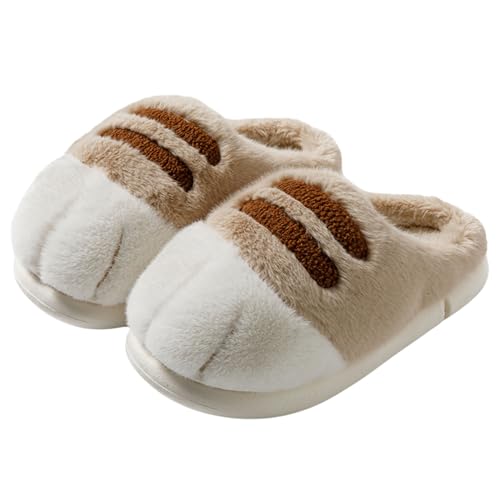 LICHENHAO Katzenklaue, warme Baumwollschuhe, Plüsch, Winter, Zuhause, männliche und weibliche Tiere, rutschfest, flach, Khaki-Farbe (ohne Absatz), 8.5-9 Women/7-7.5 Men von LICHENHAO