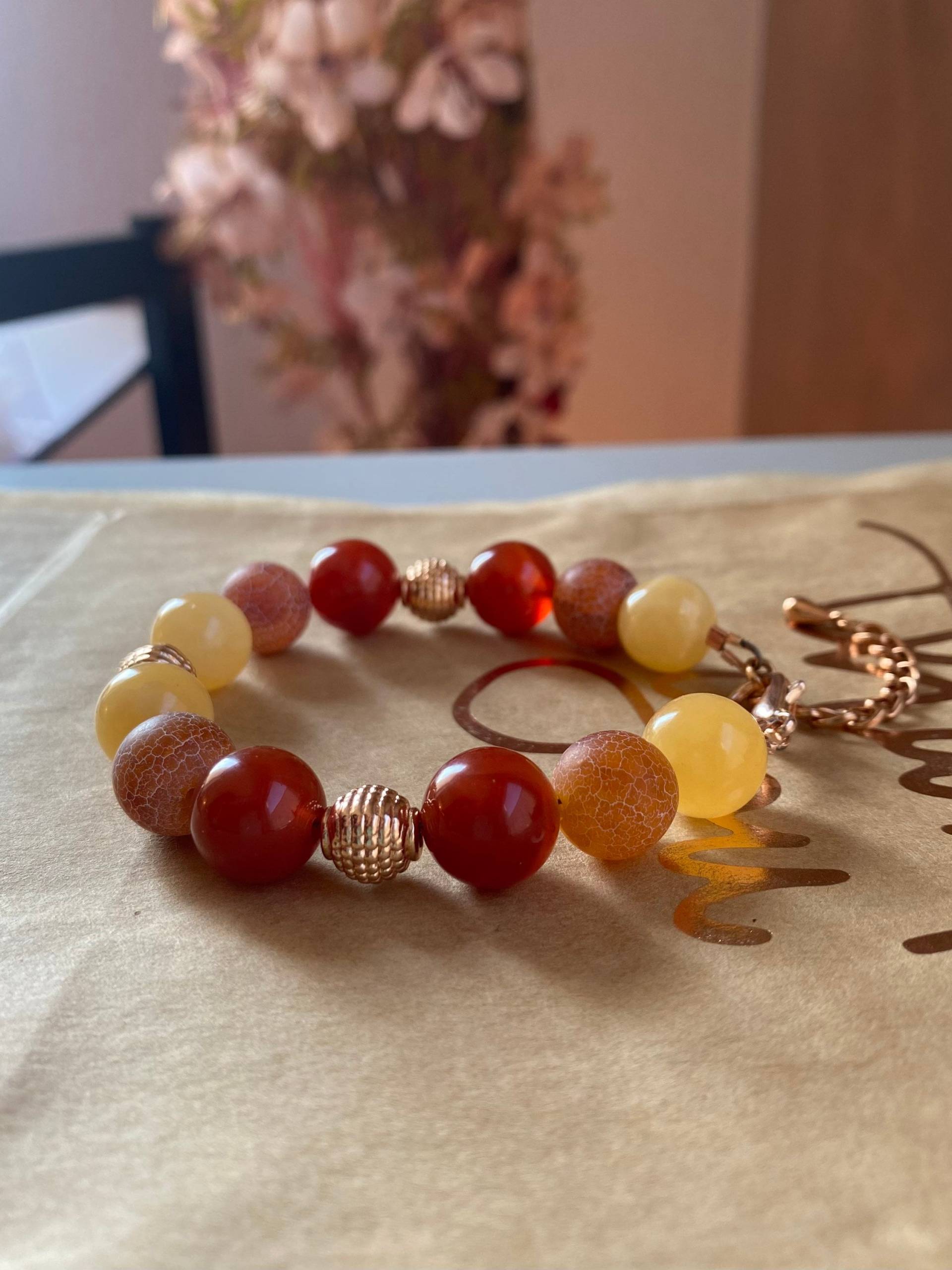 Armband Mit Großen Perlen 12 Mm Orangen Calcit, Schlangen Achat Und Karneol Sakral Chakra Vergoldet Roségold Verlängerungskettchen Armband Mit Großen Perlen 12 Mm Orangen Calcit, Schlangen Achat Und Karneol Sakral Chakra Vergoldet Roségold Verlängerungskettchen von LICHTARBEITERbyJenny