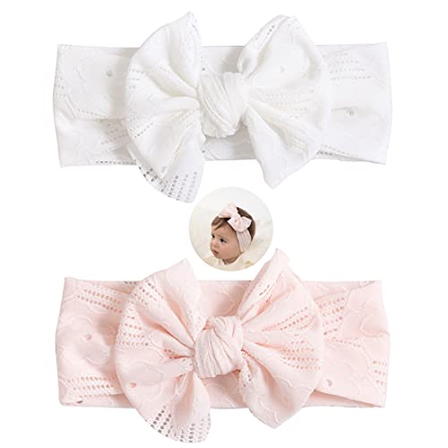 2 Stück Baby Haarband,Nylon Elastisches Turban Stirnbänder, mit Bögen Kinder Haarschmuck,für Kinder Kleinkinder Säuglinge Neugeborene,Weiß, Rosa von LICHUANUK