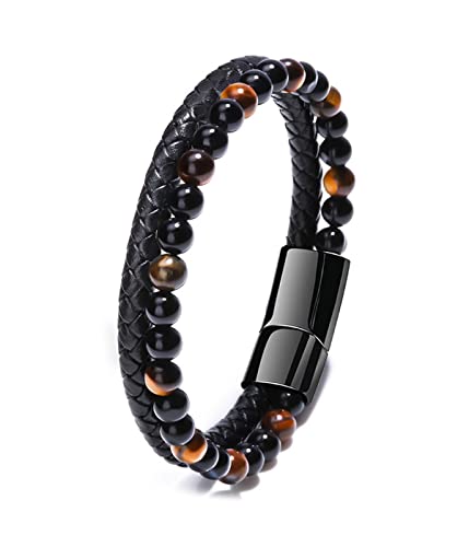 Herrenarmband, Echtlederarmband für Herren, aus 6 mm Natursteinperlen und hochwertigem Echtleder mit abnehmbarem Magnetverschluss aus Edelstahl zum, Geschenk für Ehemann, Bruder, Ältesten von LICHUANUK