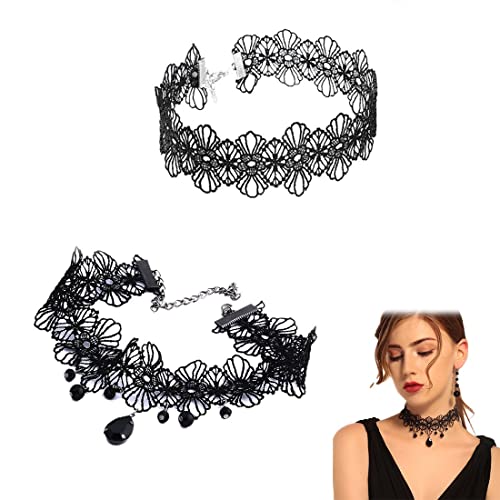 LICHUAN Schmuck 2 PCS Choker Halsband Halskette Set Schwarz Stretch Samt Classic Gothic Quasten Tattoo Spitze Choker Halsketten Ketten für Damen Mädchen von LICHUANUK