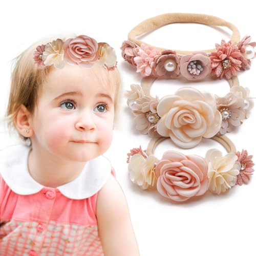 LICHUANUK 3 STÜCKE Baby Mädchen Blumenstirnbänder mit Fleckband Elastisches Nylon Haarband Neugeborenes Stirnband Baby Haarschmuck für Party Hochzeit Familienfoto von LICHUANUK