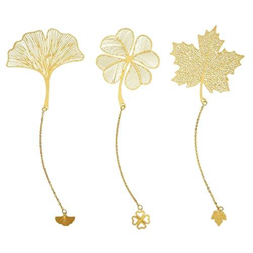 LICHUANUK 3 Stück Metall Lesezeichen Gold mit Kette,Metall-Ahornblatt-Lesezeichen, Goldene Leaf Lesezeichen Exquisite Metall Lesezeichen Ginkgo Nelke Blume Ahornblatt für Buchliebhaber Teens von LICHUANUK