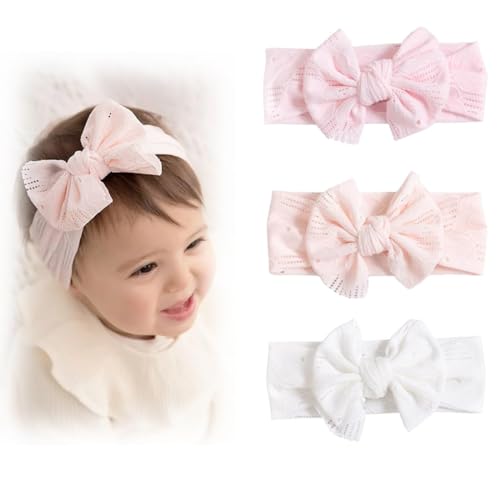 LICHUANUK Baby Mädchen Nylon Stirnbänder Bowknot Elastische Haarbänder Weiche süße Kopfbedeckung für Kinder Kleinkinder (3er Pack)(Rosa) von LICHUANUK