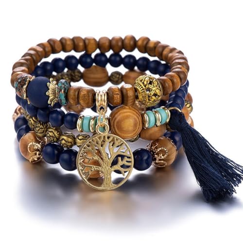 LICHUANUK Boho 4 Stück Armbänder Holzperlen Quaste Armband, Chakra Armband für Frauen, Natürliches Kristall heilsteine armband, Frauen Baum des Lebens Charm Statement Armreifen, Blau von LICHUANUK