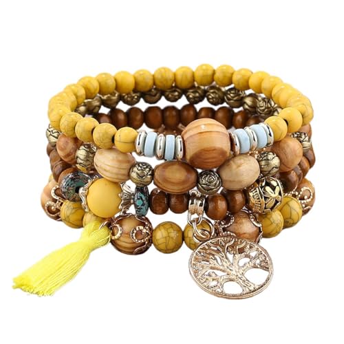LICHUANUK Boho 4 Stück Armbänder Holzperlen Quaste Armband, Chakra Armband für Frauen, Natürliches Kristall heilsteine armband, Frauen Baum des Lebens Charm Statement Armreifen, Gelb von LICHUANUK