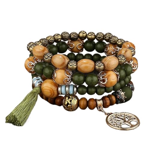 LICHUANUK Boho 4 Stück Armbänder Holzperlen Quaste Armband, Chakra Armband für Frauen, Natürliches Kristall heilsteine armband, Frauen Baum des Lebens Charm Statement Armreifen, Grün von LICHUANUK