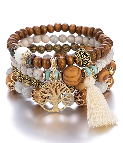 LICHUANUK Boho 4 Stück Armbänder Holzperlen Quaste Armband, Chakra Armband für Frauen, Natürliches Kristall heilsteine armband, Frauen Baum des Lebens Charm Statement Armreifen, Kristall Perle von LICHUANUK