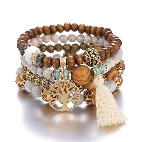 LICHUANUK Boho 4 Stück Armbänder Holzperlen Quaste, Chakra für Frauen, Natürliches Kristall heilsteine, Frauen Baum des Lebens Charm Statement Armreifen, Perle (Milky white) von LICHUANUK