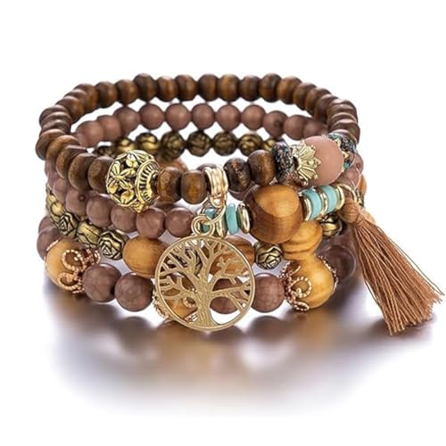 LICHUANUK Boho 4 Stück Armbänder Holzperlen Quaste Armband, Chakra Armband für Frauen, Natürliches Kristall heilsteine armband, Frauen Baum des Lebens Charm Statement Armreifen, Kristall Perle von LICHUANUK