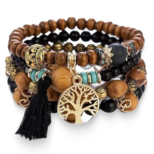 LICHUANUK Boho 4 Stück Armbänder Holzperlen Quaste Armband, Chakra Armband für Frauen, Natürliches Kristall heilsteine armband, Frauen Baum des Lebens Charm Statement Armreifen, Kristall Perle von LICHUANUK